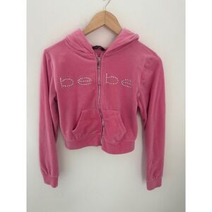 Bebe Pink Velour Cropped Hoodie Rhinestone Logo Zip Up Sweatshirt Mens M
